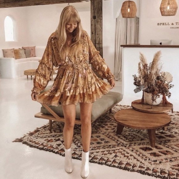 Spell & The Gypsy Collective Wild Bloom Long Sleeve Playdress, Mustard - Picture 5 of 16